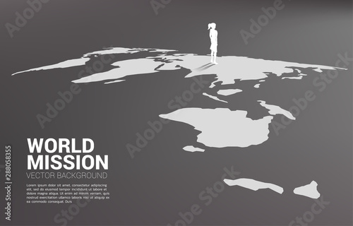 Silhouette of businesswoman standing on world map. Business Concept of world target mission.