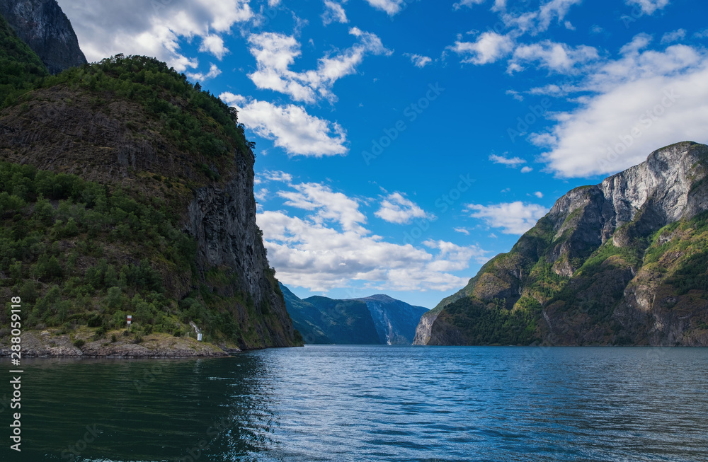 The Aurlandsfjord - a narrow, lush branch of Norway’s longest fjord, the Sognefjord. July 2019