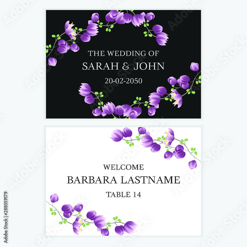 Beautiful floral wedding card template for favor tag and escort card party stationary