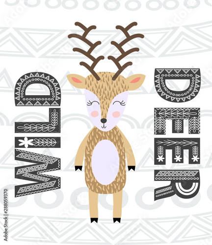 Deer hand drawn illustration. Wild animal with antlers drawing in scandinavian style. Cute cartoon reindeer character poster.