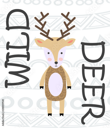 Deer hand drawn illustration. Wild animal with antlers drawing in scandinavian style. Cute cartoon reindeer character poster.