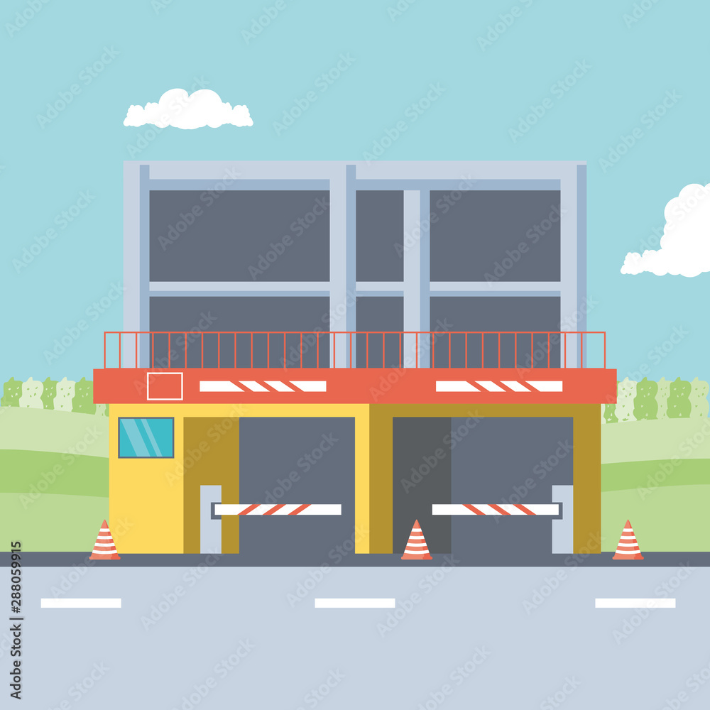 Fototapeta premium building with entrance of parking zone and barricade
