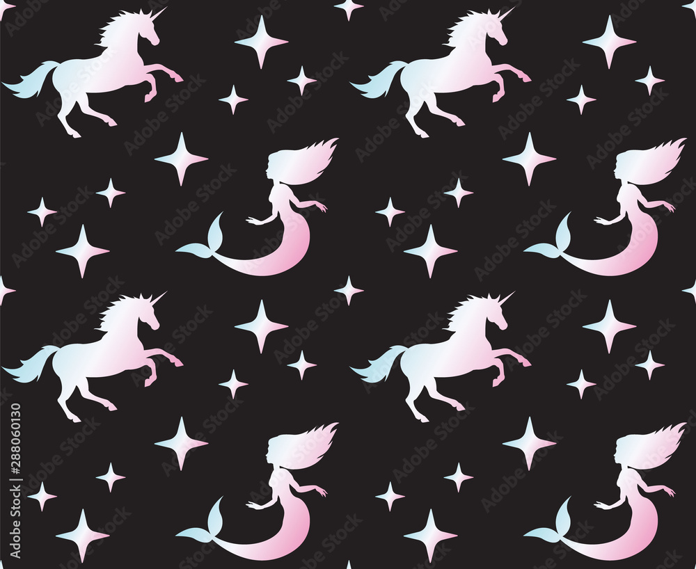 Vector seamless pattern of holographic unicorn and mermaid silhouette isolated on black background Vector seamless pattern of holographic unicorn and mermaid silhouette isolated on black background