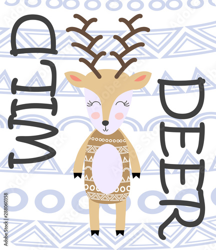 Deer hand drawn illustration in scandinavian style. Cute cartoon reindeer character poster.