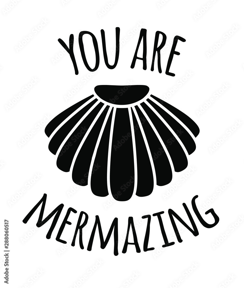 Vector black mermaid quote with shell isolated on white background ...