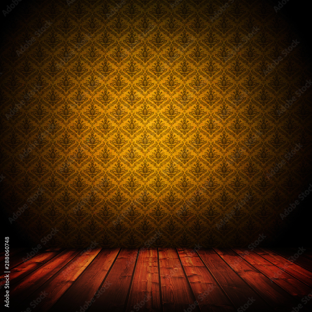 dark interior room with baroque wallpaper