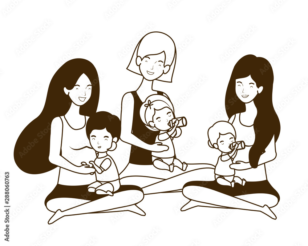 cute pregnancy mothers seated lifting little babies characters cute pregnancy mothers seated lifting little babies characters