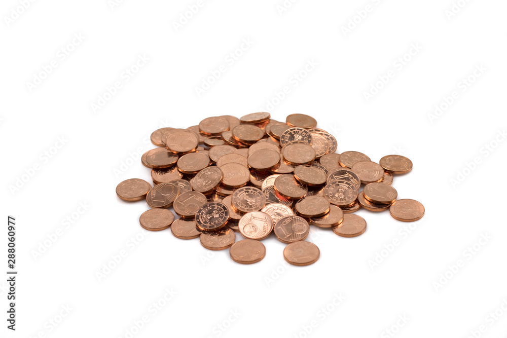 A pile of shiny Euro cents, shot close up in macro, isolated on a clean, white background A pile of shiny Euro cents, shot close up in macro, isolated on a clean, white background