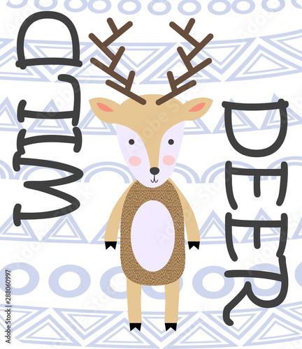Wild animal with antlers drawing in scandinavian style. Cute cartoon reindeer character poster