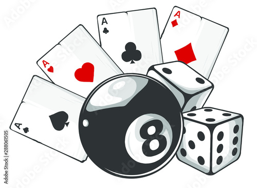 aces playing cards with number eight ball isolated on white background
