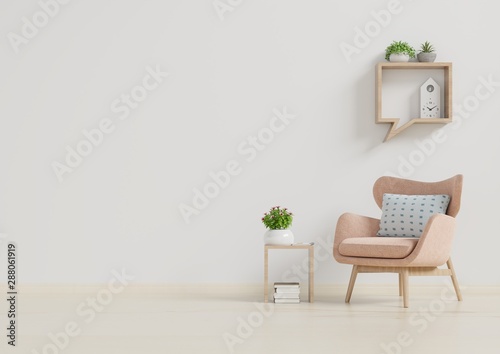 The interior has a armchair on empty white wall background.