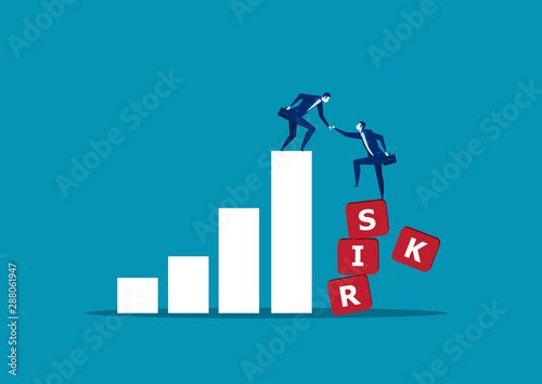 Business man helping his partner to risk graph. Teamwork, partnership, leadership concept. . Vector illustration