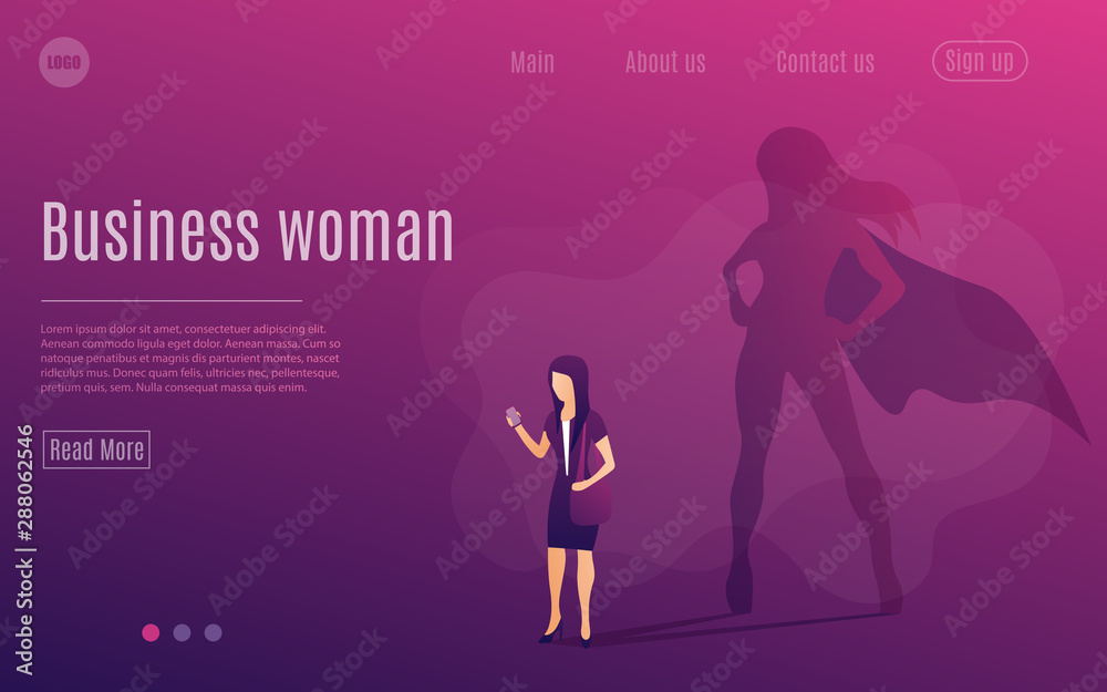 Business woman with big shadow superhero. Super manager leader in business. Template web page. Vector illustration flat style Business woman with big shadow superhero. Super manager leader in business. Template web page. Vector illustration flat style