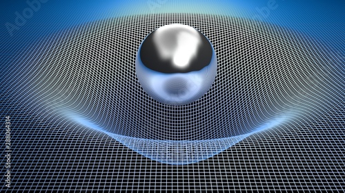 Fotografia Metallic chrome sphere over a blue grid gravitational field - 3D rendering illus