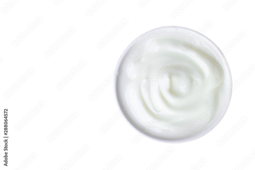 Yogurt white put in a glass put isolated white background with clipping path from top view. Yogurt white put in a glass put isolated white background with clipping path from top view.