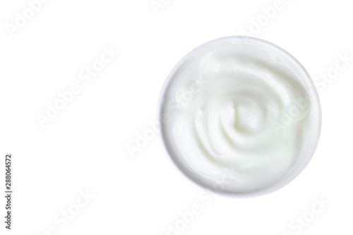 Yogurt white put in a glass put isolated white background with clipping path from top view.