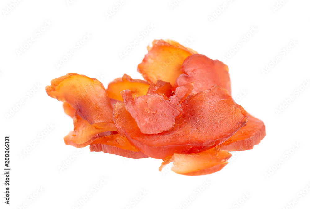 Chicken jerky isolated on white background. Pieces of dry meat. Close-up. Clipping path. Chicken jerky isolated on white background. Pieces of dry meat. Close-up. Clipping path.