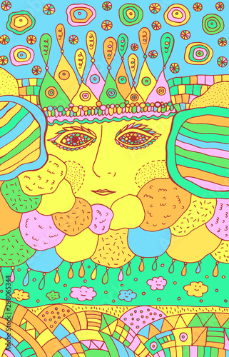 Colorful and bright cartoon artwork - fairy tale sun and clouds. Doodle fantasy landscape. Vector illustration