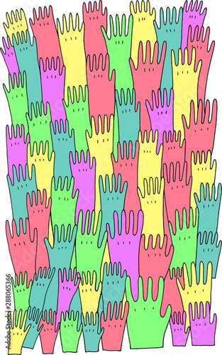 Doodle background with many hands. Line art hand pattern. Colorful cartoonish artwork. Vector illustration
