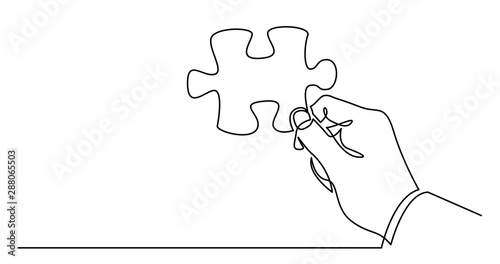 continuous line drawing of hand holding puzzle piece as a solution