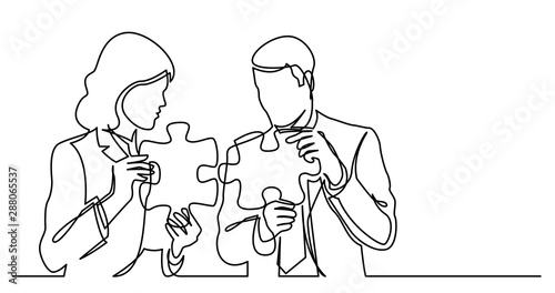continuous line drawing of two business persons connecting puzzle pieces together