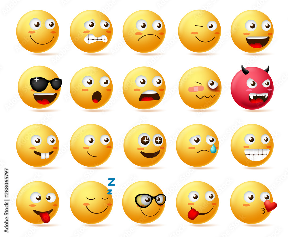 Smiley emoji side view set vector. Smileys emoticon or icon face character in sad, scared, demon, shocked and happy emotion wearing sunglasses isolated in white background. Vector illustration.