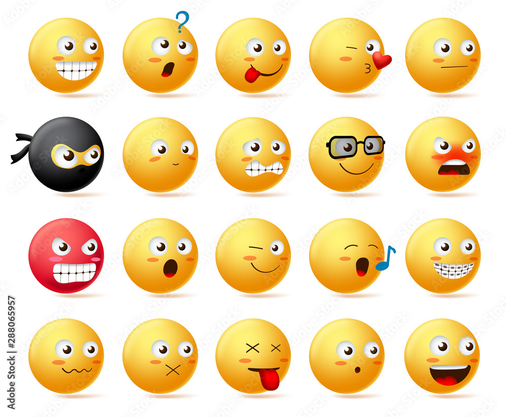 Smileys emoji faces vector character set. Smiley emoticon with yellow face in side view and cute facial expression like sad, scared, angry, happy, funny and shocked isolated in white background. 