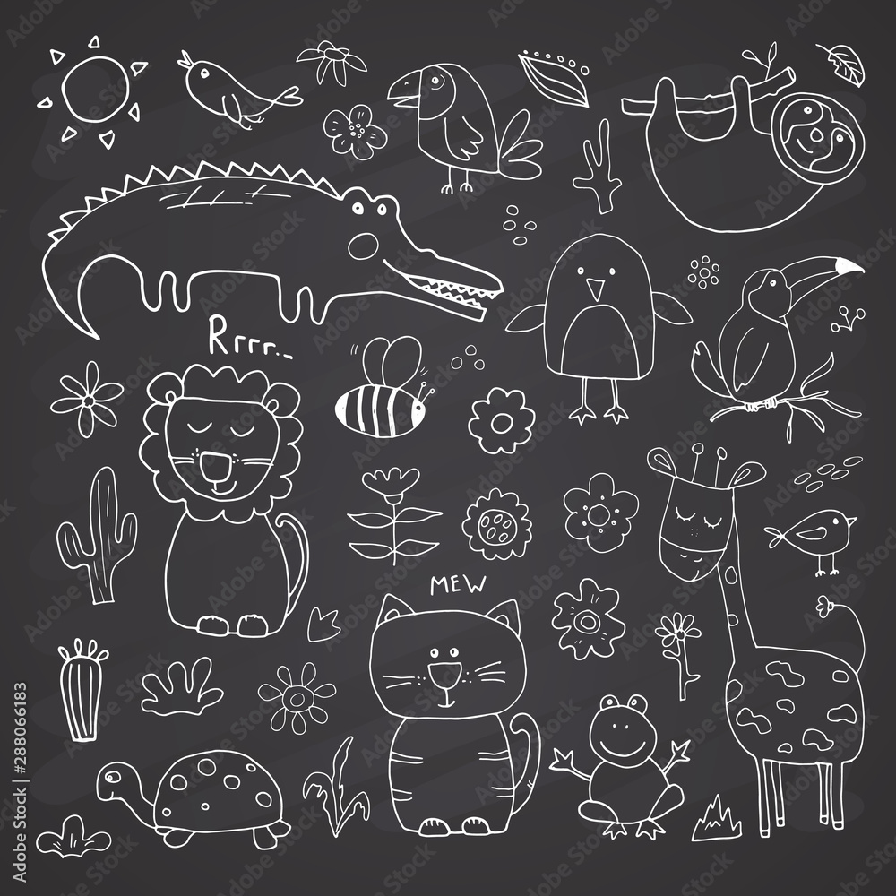 Animal Doodles Set. Cute Animals sketch. Hand drawn Cartoon Vector illustration on chalkboard background