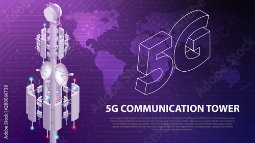 Base Mobile network technology 5G communication antenna tower for wireless hi-speed internet with circuit board is background. LTE aerial network connection, fastest internet technology in future