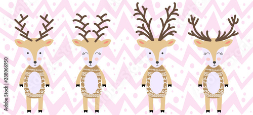 set of deers of hand draw illustration in scandinavian style. Collections of funny reindeer in cartoons style.