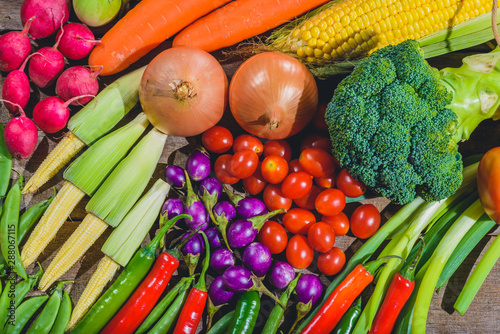 Backgroud of fresh food tasty and healthy varis vegetables are on the wooden table