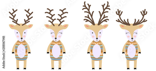 set of deers of hand draw illustration in scandinavian style. Collections of funny reindeer in cartoons style.