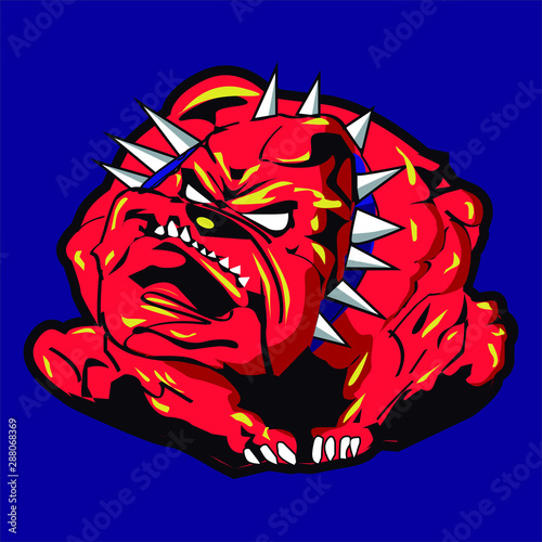 Bulldog infernal in spiked collar vector frontal image of red bulldog looking dangerous. Vector icon isolated of the background