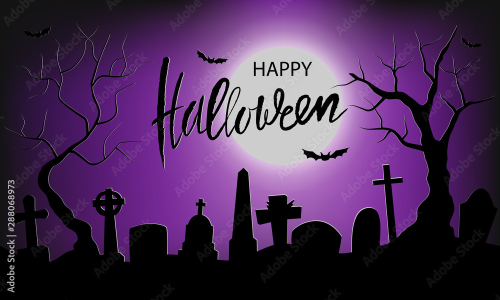 Black silhouette of cemetery and trees on purple background with moon. Hand drawn lettering Happy Halloween. Nightmare landscape. Halloween vector illustration for sticker, banner, invitation, poster Black silhouette of cemetery and trees on purple background with moon. Hand drawn lettering Happy Halloween. Nightmare landscape. Halloween vector illustration for sticker, banner, invitation, poster