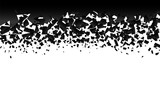 background explosion with debris. Isolated black illustration on white background. Concept, template for sale. Horizontal banner with 3d effect of particles.