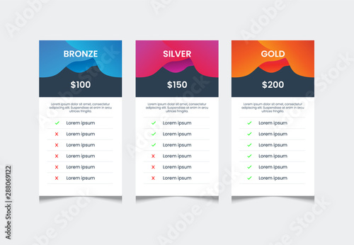 3 columns of price list table desing template, comparative table, infographic tariff vector