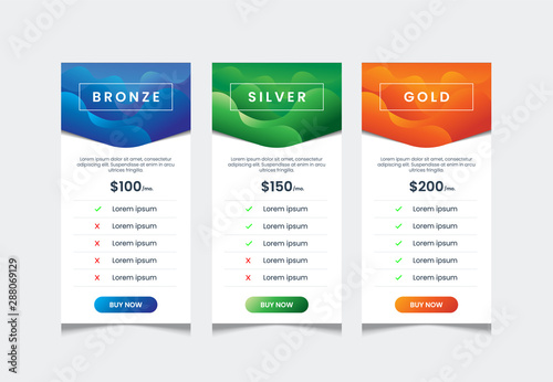 price list design template with 3 columns comparative table vector