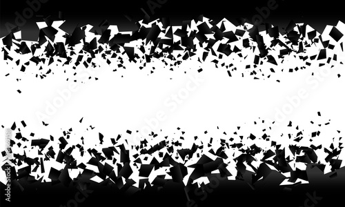 background explosion with debris. Isolated black illustration on white background. Concept, template for sale. Horizontal banner with 3d effect of particles.