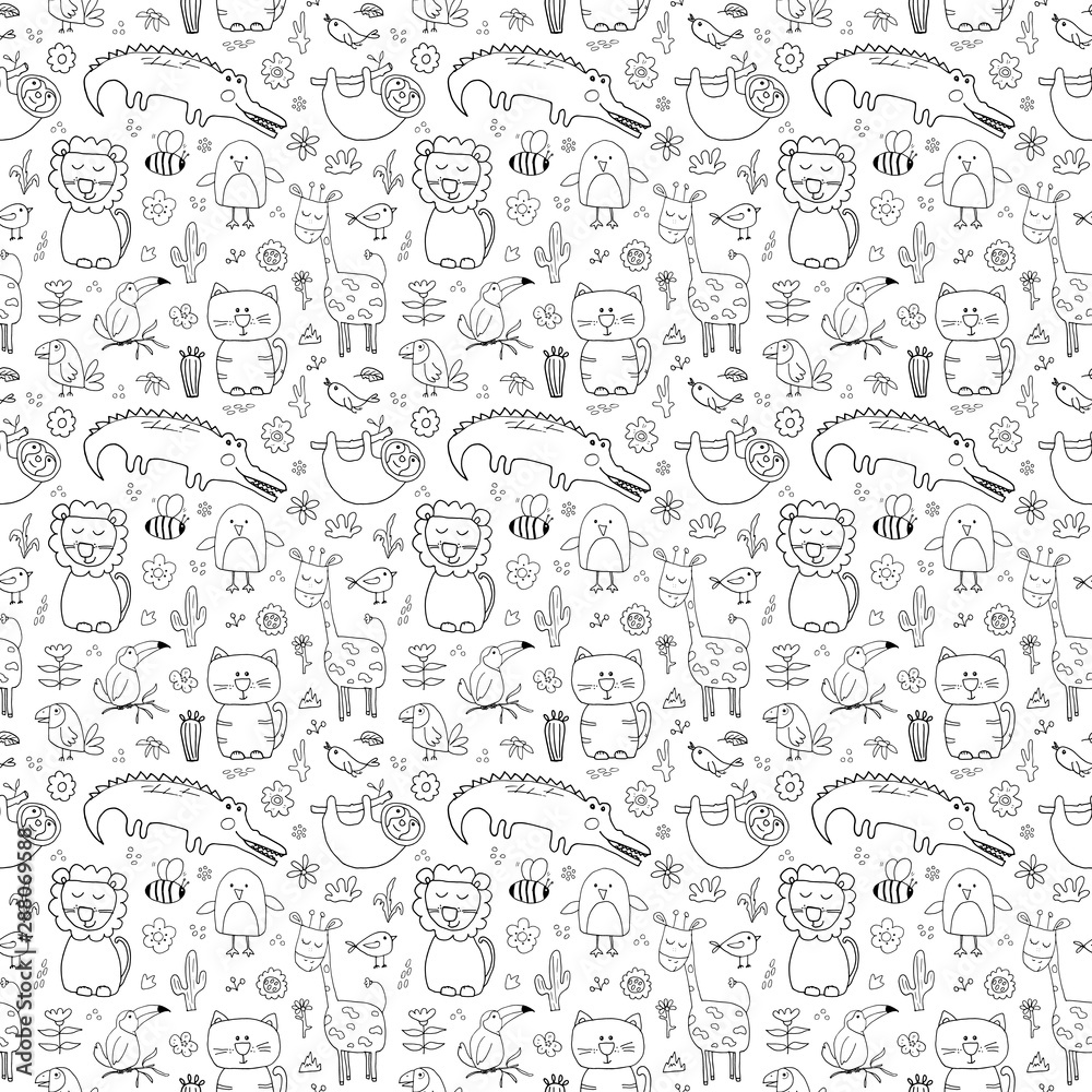 Cute Animals Seamless Pattern, Cartoon Hand Drawn Animal Doodles Vector Illustration