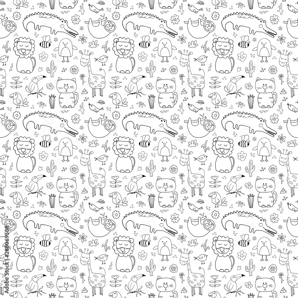 Cute Animals Seamless Pattern, Cartoon Hand Drawn Animal Doodles Vector Illustration