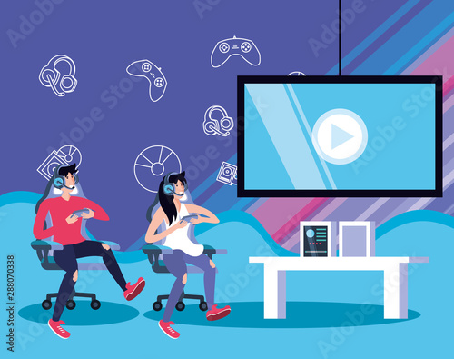 young couple playing video game entertainment