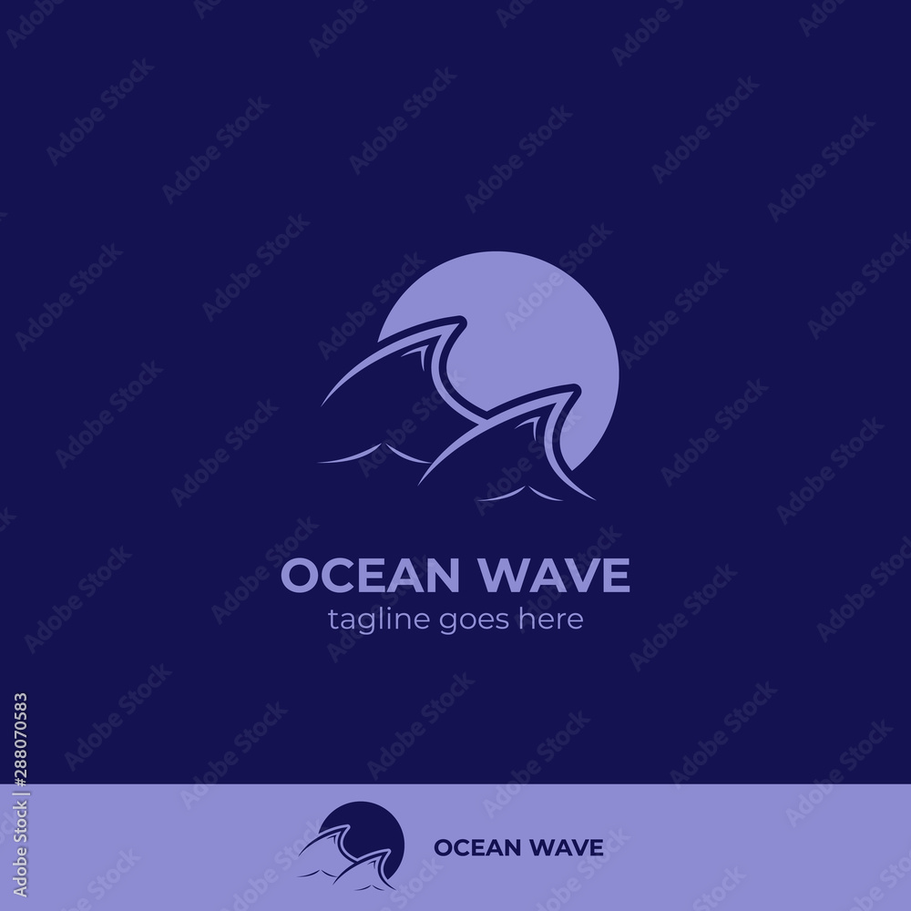 Fototapeta premium Ocean sea wave blue logo icon symbol with moon or sun silhoutte vector
