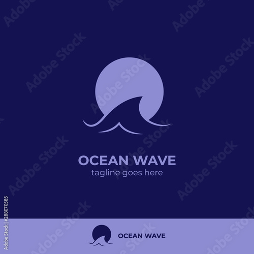 Blue night sea tide ocean wave logo icon symbol with midnight moon silhouette icon symbol illustration vector