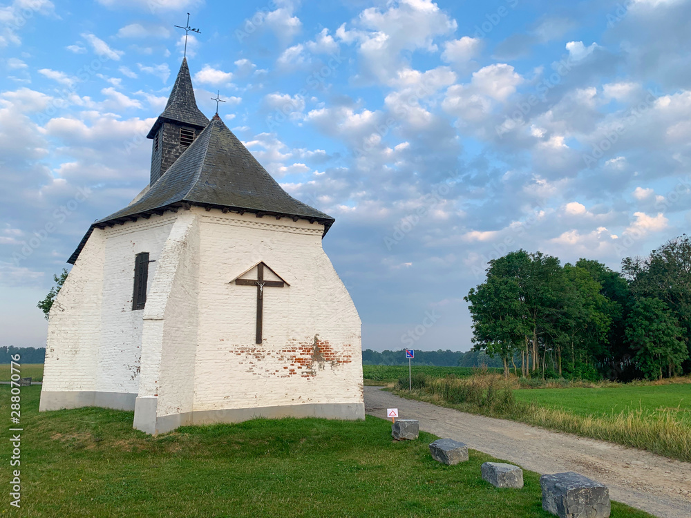 Fototapeta premium The chapel of Try-au-Chene, also called chapel of Notre-Dame de Hault, rural chapel located in Bousval, village on the Belgian town of Genappe.