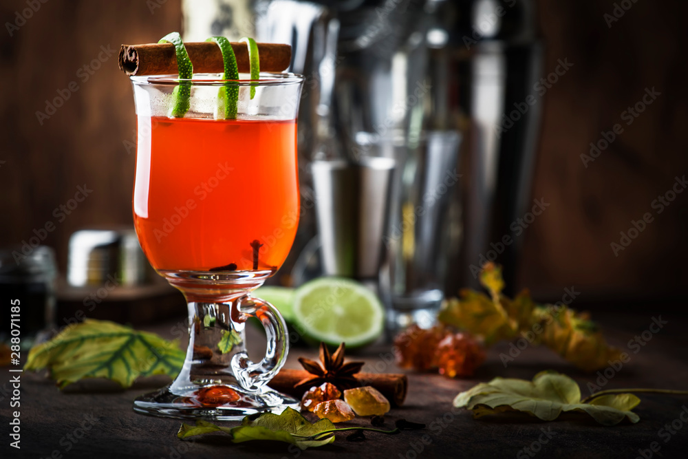 Hot rum punch, autumn or winter warming alcoholic cocktail with dark rum, port, honey, lime juice, black tea, cinnamon and cloves in tall glass on vintage wooden background Hot rum punch, autumn or winter warming alcoholic cocktail with dark rum, port, honey, lime juice, black tea, cinnamon and cloves in tall glass on vintage wooden background