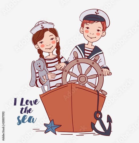 Cute boy and girl dressed as a captain and sailors having fun. Happy kids played on the ship 