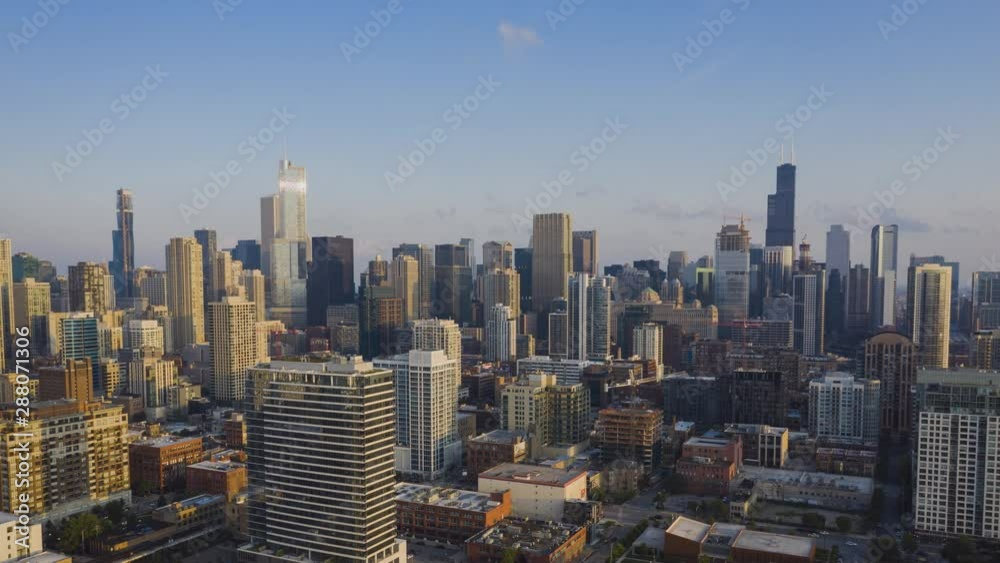Chicago downtown city skyline with skyscrapers, Hyperlapse from the air. Modern city Chicago downtown city skyline with skyscrapers, Hyperlapse from the air. Modern city