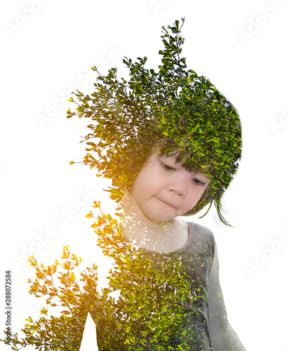Double exposure of children girl among the leaves and trees, Child with nature love environment concept.