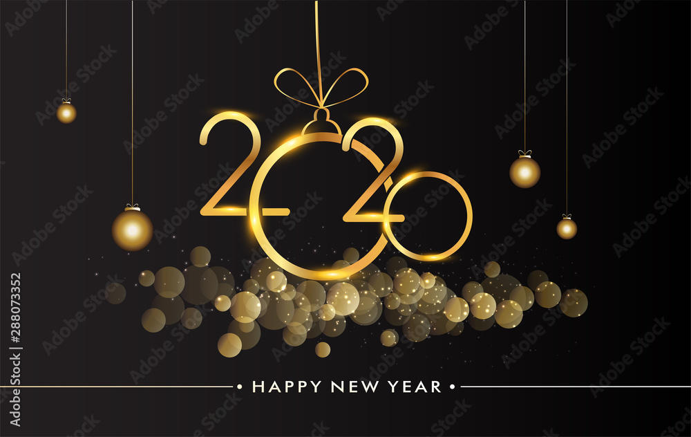 Happy New Year 2020 - New Year Shining background with gold clock and glitter, elegant design.