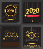 Happy New Year 2020 invitation card with glitter isolated on black background, text design gold colored, vector sets for calendar and greeting card.